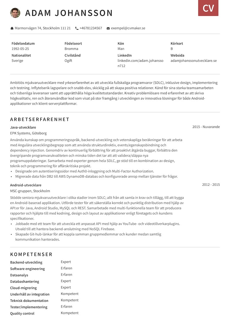 CV-exempel Mjukvaruutvecklare