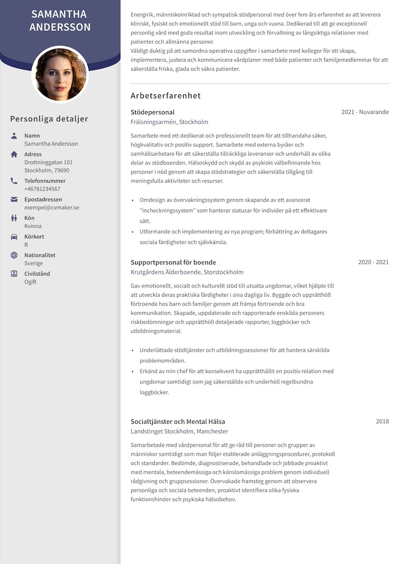 Stödpersonal CV example